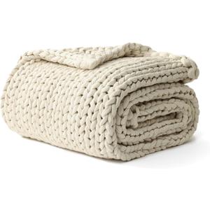 YnM Cotton Weighted Blanket, Handmade Chunky Knitted Design, Soft and Cozy, Temperature Regulating and Breathable, Machine Washable Throw for Sleep or Home Decor (Cream White, 80x84 Inch, 35lbs)