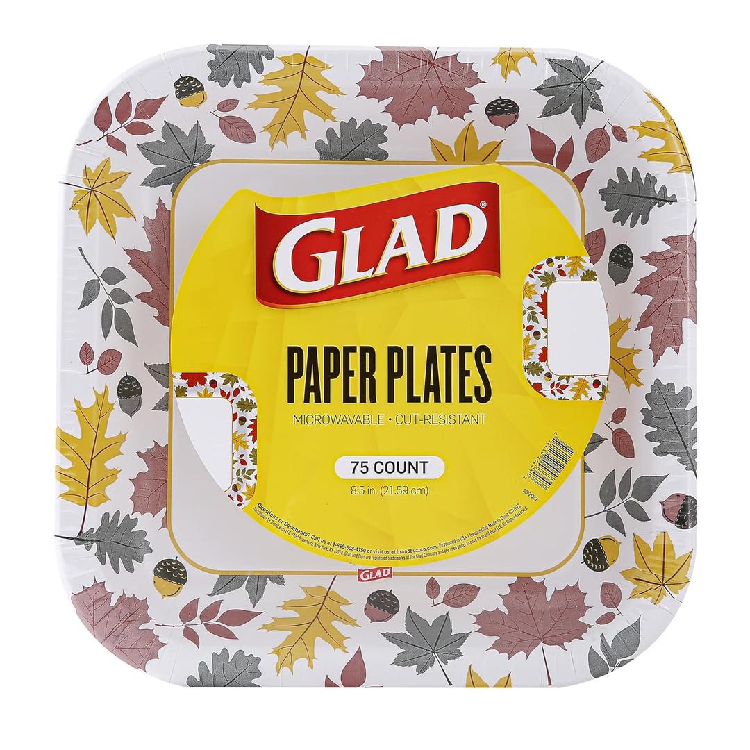 Glad Square Disposable Paper Plates, Falling Foliage Autumn Leaf Pattern - Soak Proof, Microwave Safe, Cut-Resistant Seasonal Dinner Plates for Fall and Thanksgiving, 8.5 Inch, 75 Count (Multicolor)