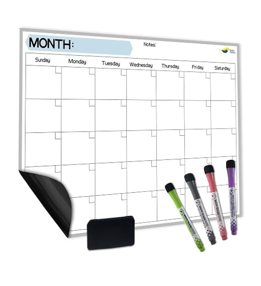 Large Magnetic Calendar for Refrigerator, Dry Erase Whiteboard Magnet
17x12" Stain-Resistant Surface, Strong Full-Back Magnet, Sunday-Start Monthly Planner for Meals & Chores, 4 Markers & Eraser