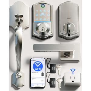 Veise VE017G-H Wi-Fi Smart Fingerprint Front Door Lock Set, Remote App Control, Keyless Entry Deadbolt with Handle, Backlit Keypad, IP55 Weatherproof, Auto Lock, Easy to Install, Satin Nickel