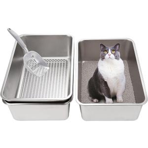 Sifting Stainless Steel Cat Litter Box for Clay & Pine Pellets