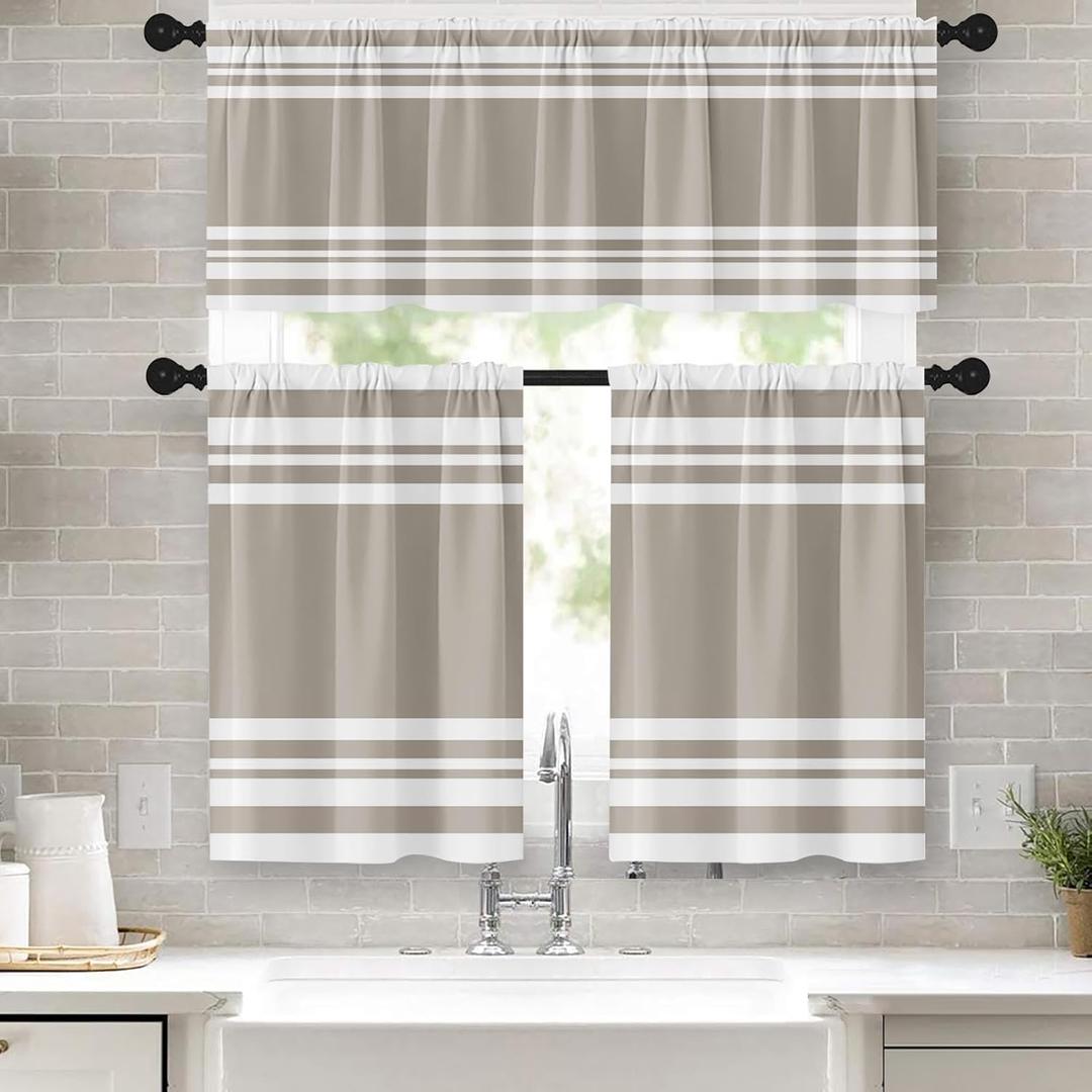 Taupe Kitchen Window Curtains Valance and Tier Set 36 Inch, Striped Abstract Rod Pocket Short Tier Curtain for Bathroom, Modern Small Cafe Drapes for Kitchen Decor