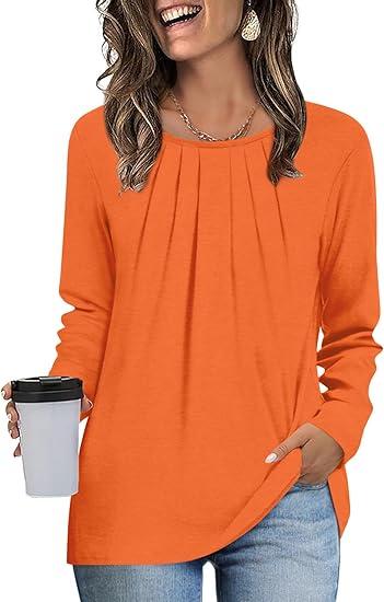 Womens Long Sleeve Tunic Tops Dressy Casual Crewneck Pleated Shirts Fashion Trendy (Medium, Orange)