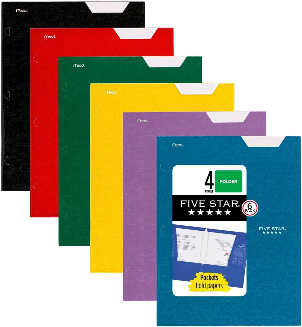 Five Star 4-Pocket Folder, 6 Pack, Paper Folder, Fits 3-Ring Binders, Holds 8-1/2" x 11" Paper, Assorted Colors (38058) (Black, Blue, Red, Green, Purple, White)