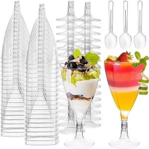 Foraineam 100 Pack Clear Dessert Cups with Spoons, Plastic Wine Glasses, 7 oz Plastic Champagne Flutes Cocktail Glasses Mousse Cups, Reusable Stemmed Cup for Champagne, Parfait, Dessert, Appetizer