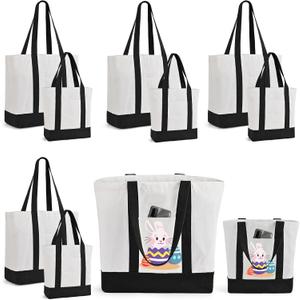 10Pcs Canvas Tote Bag Bulk with Outer Pocket, 12oz Cotton Blank Canvas Tote Bags 19 x 14.6Inch, 13 x 11Inch Reusable Grocery Bags Shopping Cloth Bags for Women, Graduation Favor (5 Set Large & Medium) (Black)