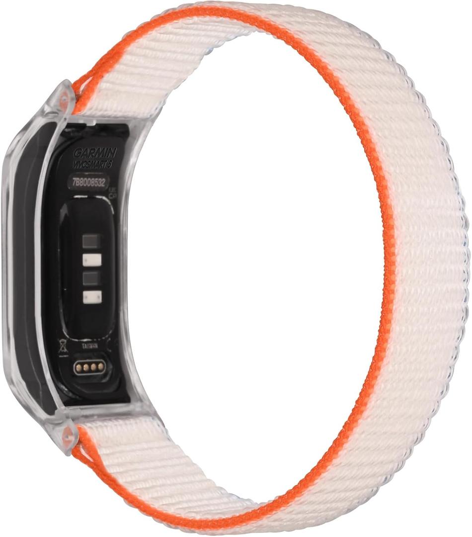 Sport Mesh Nylon Bands Compatible with Garmin Vivosmart 5 tracker Replacement Bands with Case (Transparent Case-M(5.1-8.3inch), Stripe White with Transparent Case)