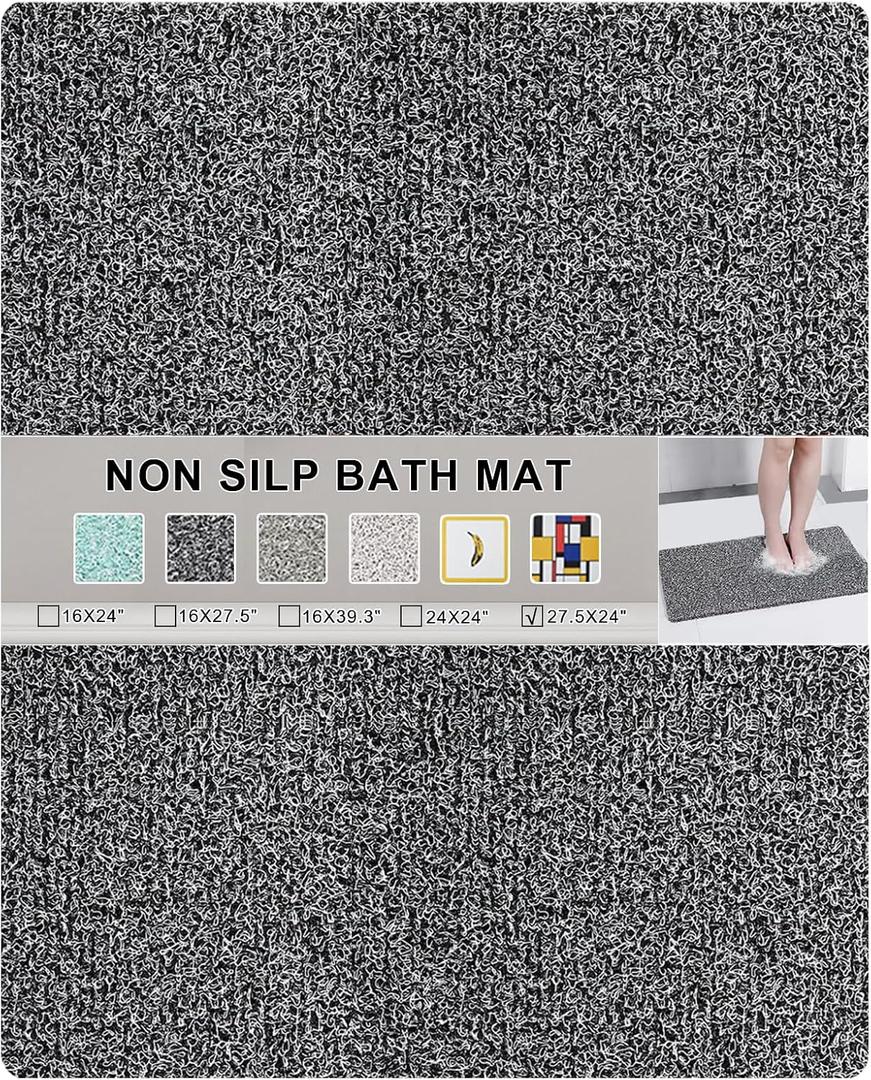 Nonslip Bathtub Mat, Anti Slip Bath Mat 0.6" Extra Thick, Quick Dry Bath Tub Anti Slip Shower Mat, Loofah Non-Slip Bath Mat for Tub Bathroom Pool Kitchen Entryway Home Hotel(Black 24x27)