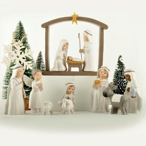 12-Piece Resin Christmas Nativity Scene Set  Miniature Holy Family Figurines with Manger and Animals, Indoor Holiday Tabletop Display