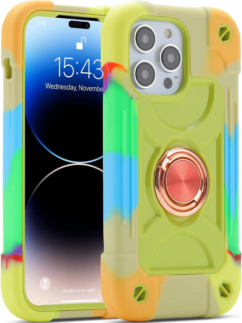 MARKILL Compatible with iPhone 14 Pro Case 6.1 Inch with Built-in Ring Stand, Military Grade Drop Protection Full Body Rugged Heavy Duty Case 3 in 1 Protective Durable Cover. (Rainbow Green)