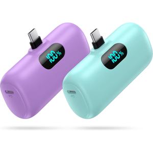 [2-Pack] Mini Portable Charger 5000mAh Power Bank,3A PD USB C Cell Phone Portable Power, LCD Display Battery Pack Compatible with iPhone 17/17 Air/16/16 pro/15/15 pro Max/Android/Samsung/Moto/LG etc (green+purple)