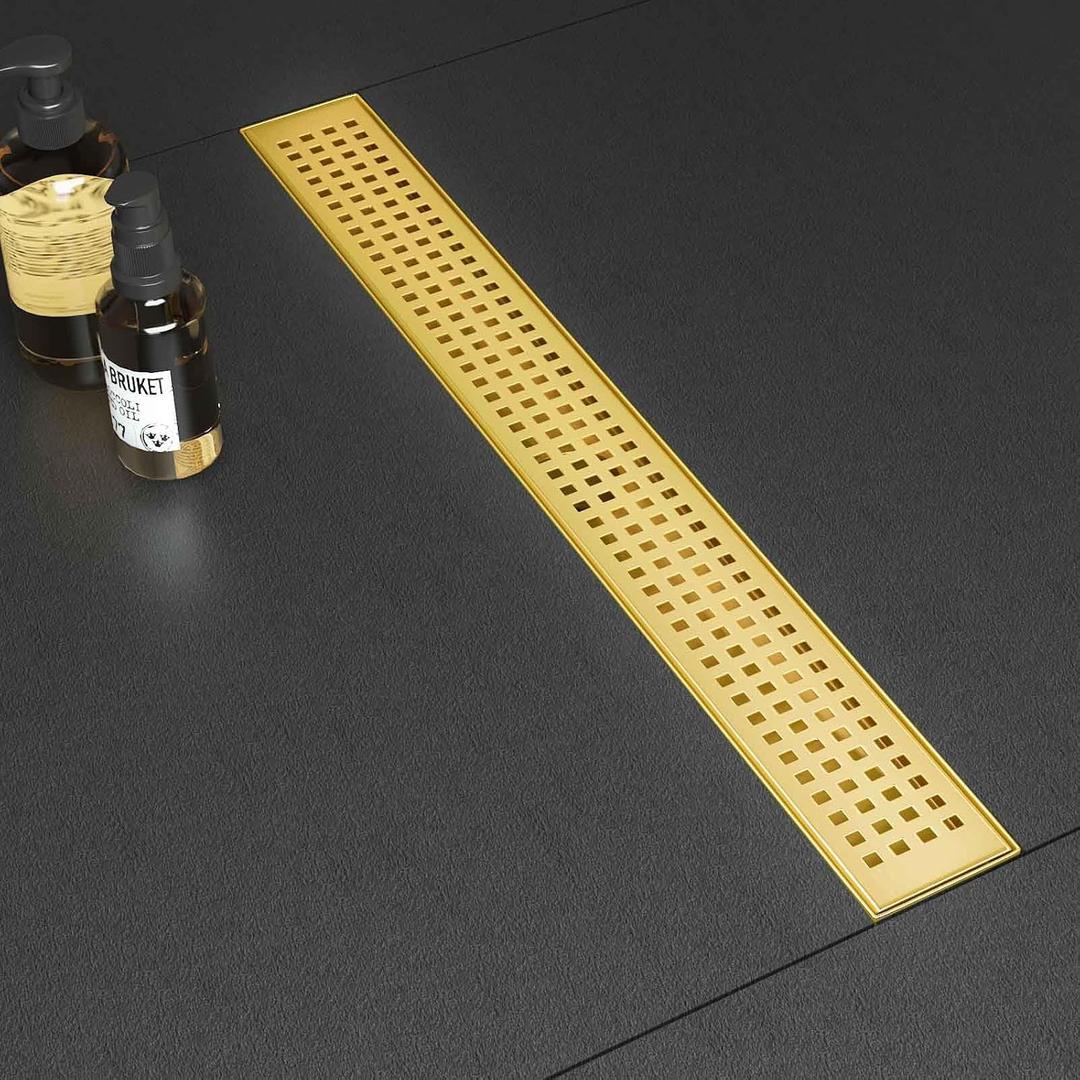 SaniteModar Linear Shower Drain, Gold Shower Drain 24 inch with Removable Grate,Brushed 304 Stainless Steel Linear Drain with Hair Strainer & Leveling Feet