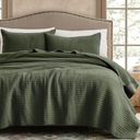 WDCOZY 100% Cotton King Size Quilt Set - Olive Green Striped Pick Stitch Soft Lightweight Bedspread, Textured Like Linen, Farmhouse Country Rustic Coverlet, Shabby Chic Gauze Bedding, 3 Pieces