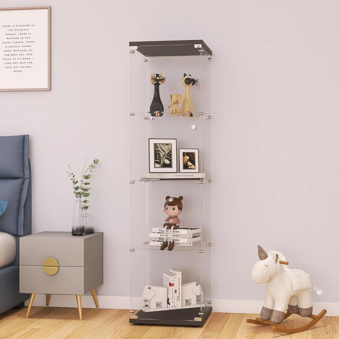 LFT HUIMEI2Y Glass Display Cabinet 4-Shelf with Door and Lock, Curio Cabinets Upgraded Quick-Install Style Tempered Glass Floor Standing Bookshelf for Bedroom, Living Room 65x 17x 14 Black