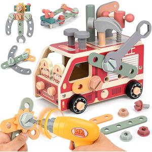 Vanplay Kids Tool Set for Boys - Montessori Toys for 3 4 5 Year Old Boy Christmas Birthday Gifts - 47 Pcs Wooden Toddler Tool Kits with Drill, Learning Educational Construction Toy for Kids Age 3-5