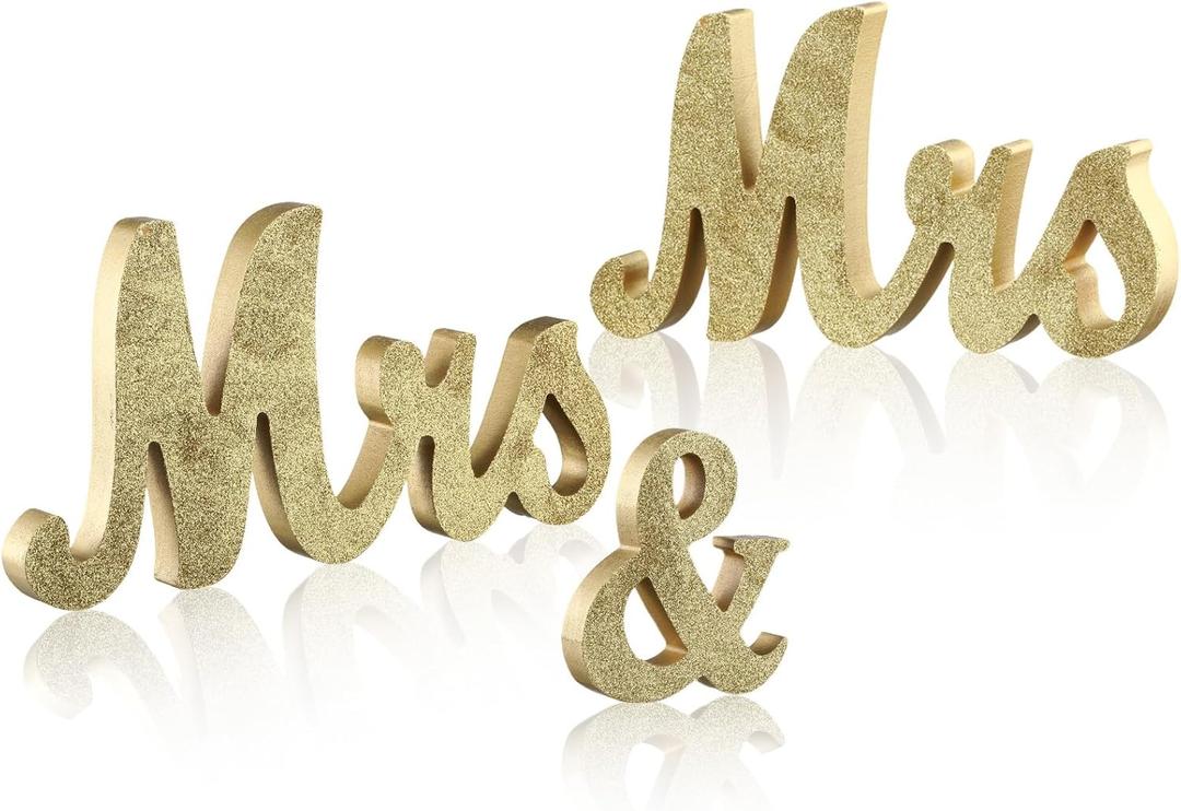 Berlune Mrs and Mrs Sign for Wedding Table, Large Lesbian Wedding Sign for LGBT Head Table Wood Letter, Lesbian Engagement Anniversary Party Decors(Gold)