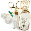 Sparkly Key Fob Cover with Cherry Keychain, Bling TPU Smart Key Case for Women, Compatible with Honda Accord Civic 2022 2023 2024 2025 Honda HR-V CR-V 2023 2024 2025 (5-Button, Gold White)