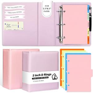 2 Pack 3 Ring Binder Junior Size Pu Leather 5.5" x 8.5" Binder Small Binder 2 Inch D Rings with 5 Colors Dividers Holds Up to 500 Sheets with Pen Loop Pocket for Office School(Purple&Pink)