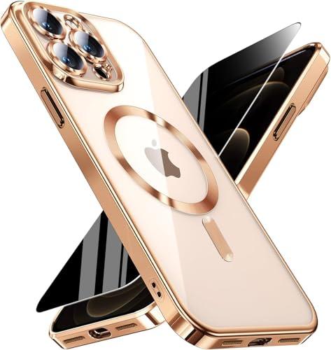 WEYNRBOX Magnetic for iPhone 12 Pro Max Case with Privacy Screen Protector & Full Camera Cover,[Non-Yellowing] Plating Glossy Soft Shockproof Clear Phone Case with Women Girls for 12 ProMax,Gold