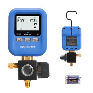 Digital Gauges HVAC, R12,R22,R134A,R410,R502,R1234y Vacuum Pressure Manifold Gauge Set with LCD Sight Glass 22 Refrigerants Leak Detection Single Test Gauge for AC Charging (Blue)