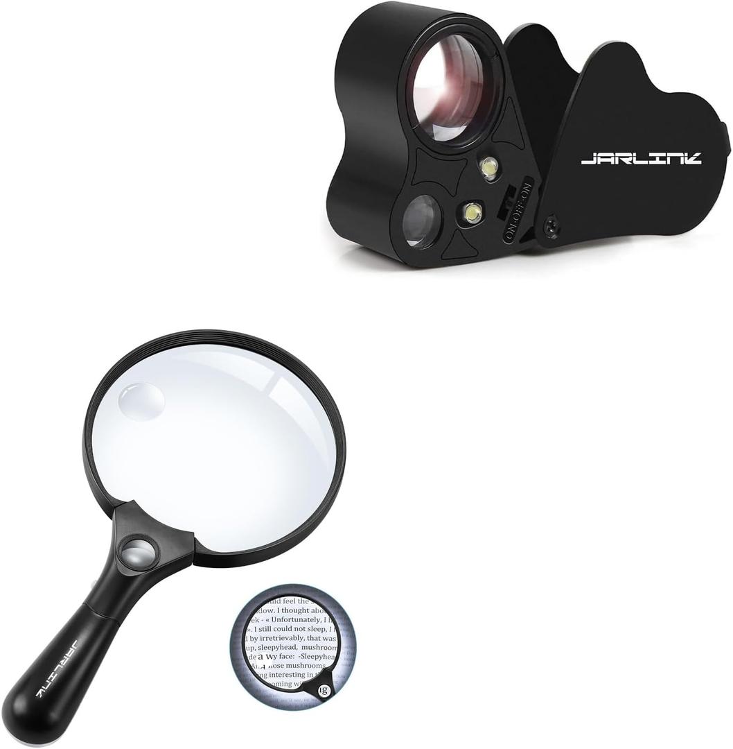 JARLINK 30X 60X Jewelers Loupe Bundle with 10X 20X 45X Large Magnifying Glass with Light for Seniors Reading, Inspection Coins Jewelry, Exploring JARLINK 30X 60X Jewelers Loupe Bundle with 10X 20X 45X Large Magnifying Glass with Light for Seniors Reading, Inspection Coins Jewelry, Exploring