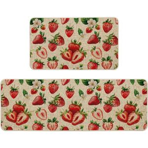 Artoid Mode Strawberry Spring Kitchen Mats Set of 2, Home Decor Low-Profile Kitchen Rugs for Floor - 17x29 and 17x47 Inch