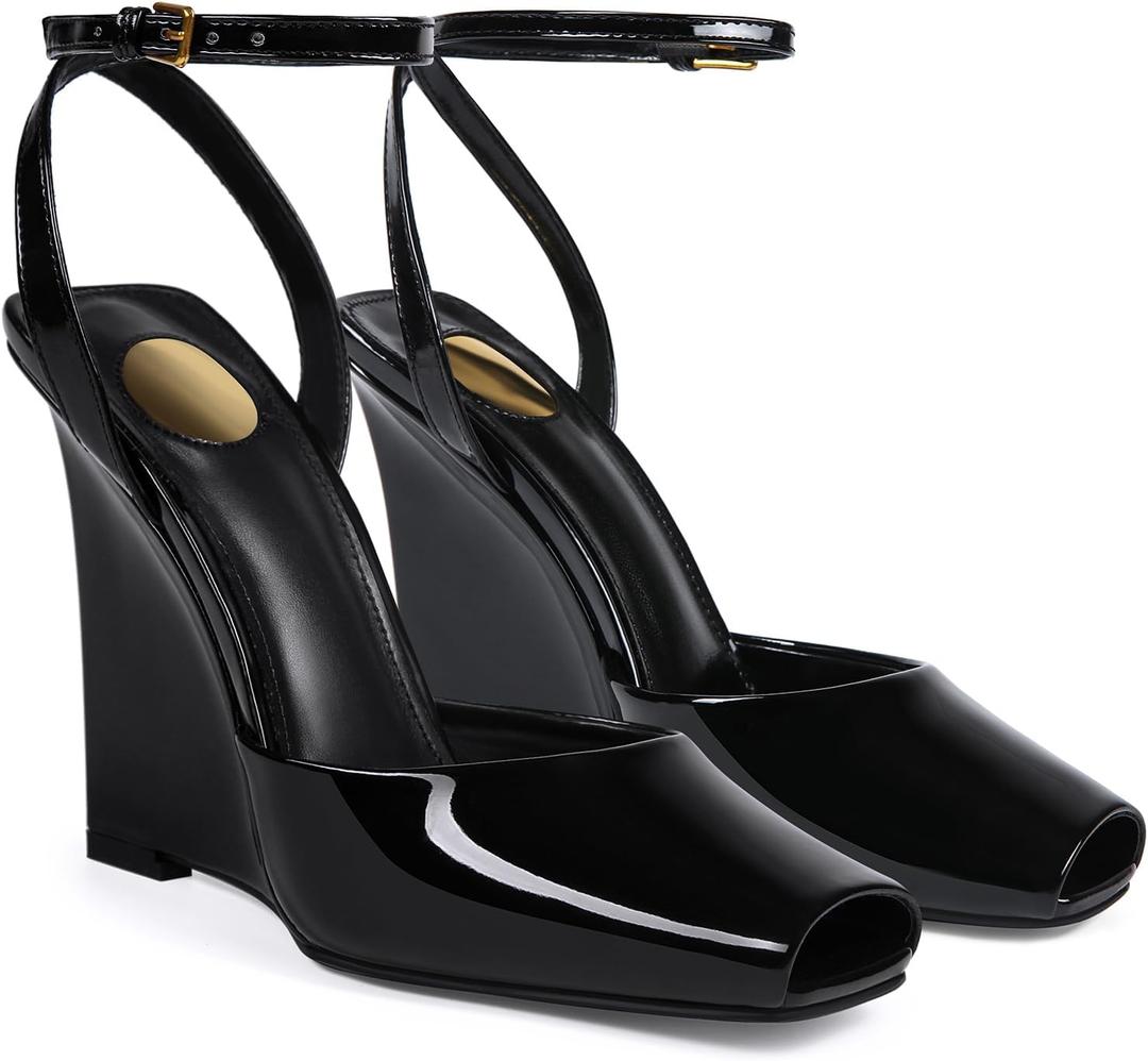 Peep Toe Wedges Sandals for Women Square Open Toe Buckle Ankle Strap Wedge Heels Patent Leather Slip-on Slingback Pumps Sexy Dressy Summer Shoes(Black,8.5)