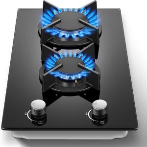 Gas Stove 2 Burner, Propane Cooktop 12 Inch, Built-in Gas Cooktop Black Tempered Glass Stove Top with Thermocouple Protection, LPG/NG Dual Fuel Hob for Apartment, Kitchen, RV (11.8 Inch)