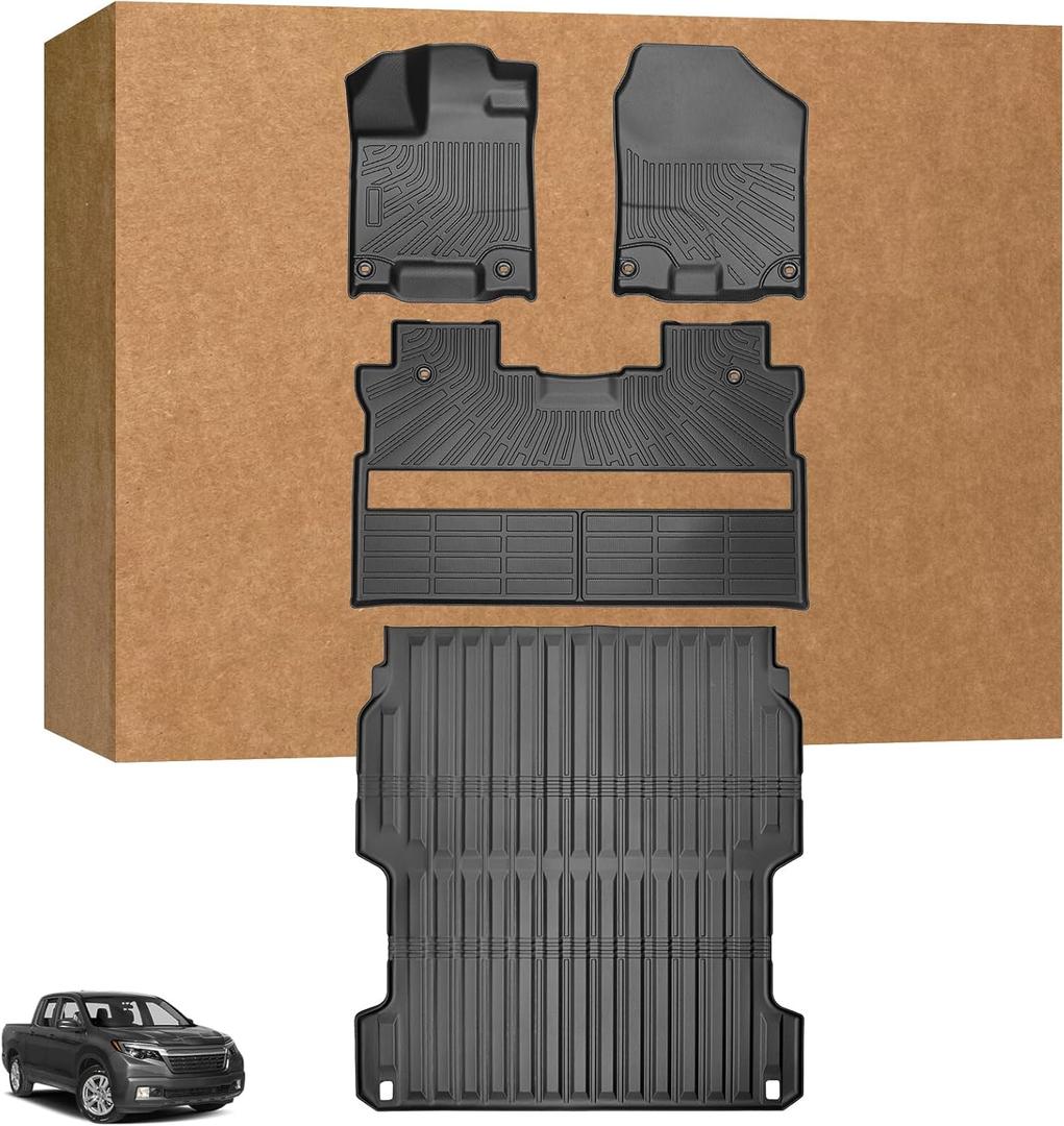 Floor Mats for Honda Ridgeline 2017-2026, Custom Fit Ridgeline Sport,RTL,TrailSport,Black Edition,RTL-E Bed Liners 1st & 2nd Row &Bed Mats, Summer Winter Protection TPE Non-Slip Mats Accessories