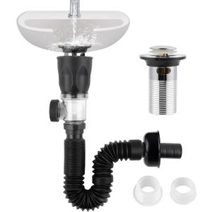 iFealClear Bathroom Sink Drain Kit, Flexible P-Trap Drain Pipe with Pop Up Stopper, Expandable Bathroom Sink Pipe Replacement with 2 Adapters, Fits 1-1/4'', 1-1/2'', 2" Holes, Hair Catcher, Chrome