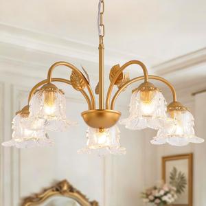 5-Light Vintage Chandeliers for Dining Room 25" Modern Gold Glass Chandelier Rustic Adjustable Pendant Light Fixture for Kitchen Island Living Room Bedroom