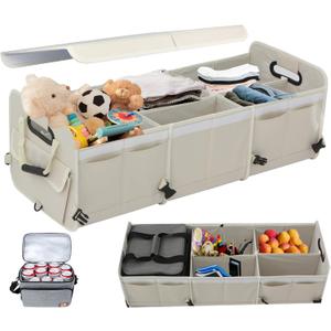 [2025 Upgrade] Off White Car Trunk Organizer With Built-In Insulated Leak Proof Cooler Bag, Storage Collapsible Multi Compartment Car Organizer Adjustable Straps for SUV