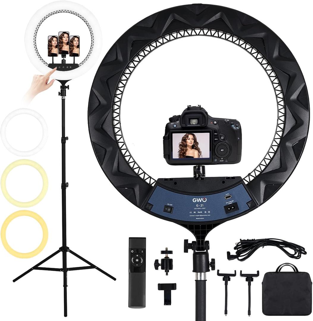GWO 21 inch LED Ring Light with Tripod Stand 6000K Dimmable Makeup Selfie Light with Touch Panel Phone Holders for YouTube Vlog Video Shooting Include Carrying Bag and Remote Control CRI>90