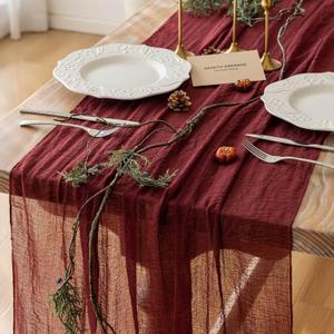 Burgundy Christmas Table Runner Decor Red Cheesecloth Gauze 120 Inch 10 FT Rustic Boho Cheese Cloth Runner for Wedding Baby Bridal Shower Party Long Sheer Home Christmas Decorations