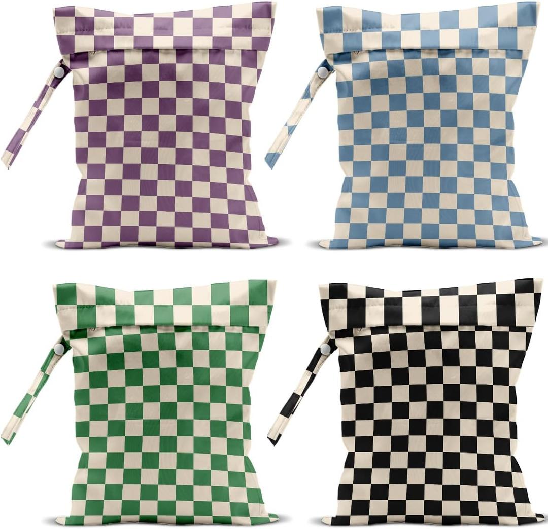 4 Pack Cute Wet Bag Waterproof Washable Reusable Wet Dry Bag for Swimsuit Dirty Clothes Diaper Travel Pool Yoga Gym Christmas Birthday Party Camping Toiletries Beach Essentials, Colorful Checkered