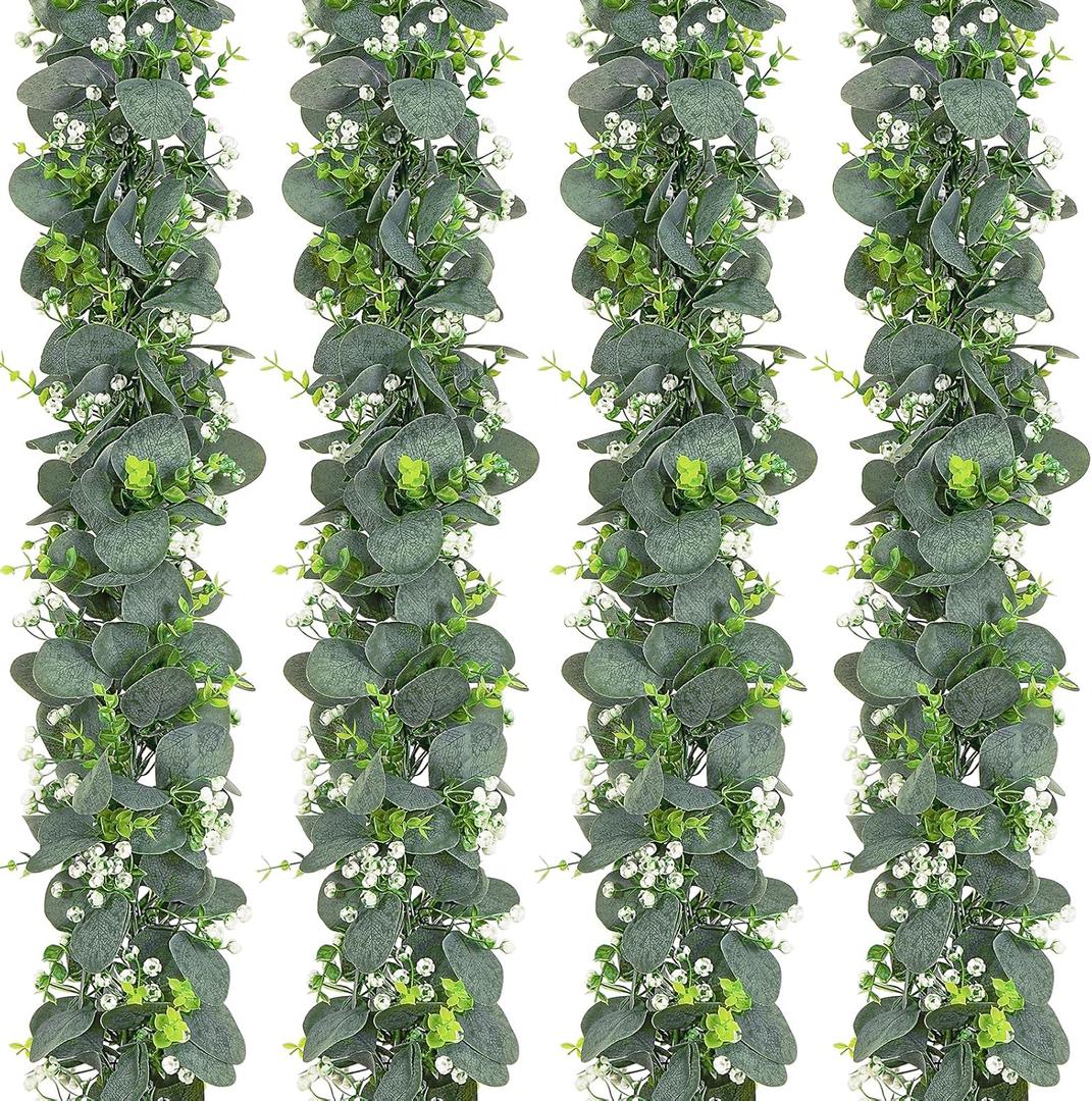 Dolicer 4 Packs 6FT Artificial Eucalyptus Garland, Faux Greenery Garland Fake Vines Hanging Silver Dollar Eucalyptus Leaves for Wedding Backdrop Arch Table Wall Party Home Decor