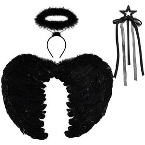 Spooktacular Creations Black White Angel Wings Halo Headband with Wand for Kids Feather Fairy Wings Halloween Party Costume (Black)