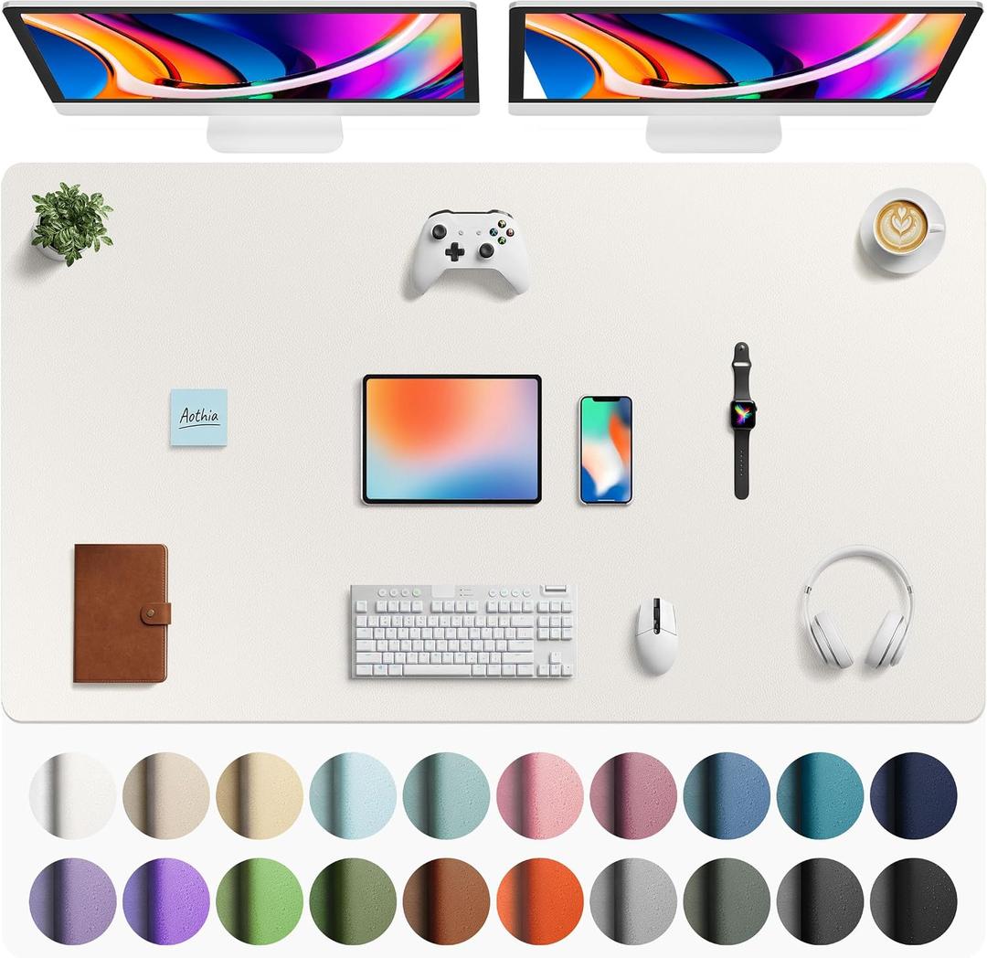 Aothia Faux Leather Desk Mat - Large Mouse Pad, Non-Slip PU Leather Blotter, Waterproof Writing Surface for Office and Home (Off-White, 63" x 24")