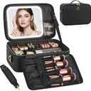 Chomeiu Makeup Bag with LED Mirror, Large Travel Cosmetic Train Case for Women, Makeup Artists Large Organizer Box with Vanity Light Up Mirror, 3 Color Lights, Adjustable Dividers (Black)