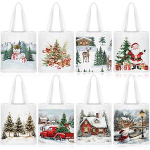 Frienda 8 Pcs Christmas Canvas Tote Bags Reusable Xmas Gift Bags with Handle Vintage Watercolor Cute Aesthetic Gift Santa Claus Truck Snowman Pattern for Women Grocery Shopping Goody Party Supplies