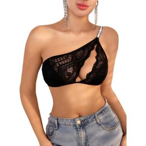 OYOANGLE Women's Rhinestone One Shoulder Bralette Floral Lace Cut Out Wireless Medium Support Unlined Bras (Large, Black)