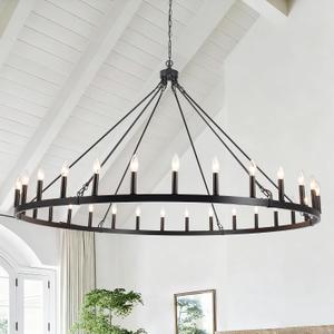 Black Extra Large Wagon Wheel Chandelier, 60 inch 30 Lights Farmhouse Chandelier, Industrial Candle Round Pendant Light Fixture for High Ceiling Living Room Dining Room Entryway