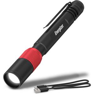 Energizer X-400 Pen light Flashlight Rechargeable, Bright Penlight IPX4 Water-Resistant, Lightweight and Durable, Rechargeable Flashlight, USB Charging Cable Included (Black/Red)