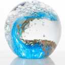 Qianwei Hand Blown Ocean Waves Crystal Ball - Glass Collectible Figurines Spere - Paperweight Glass Ball Aquarium DecorOffice Decor Ocean Lovers (Gold)