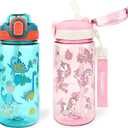 Kids Water Bottle for School or Travel, 20 Oz 2 Pack Durable Plastic Water Bottle with Silicone Straw and Pop-Up Spout Cover, BPA Free & Dishwasher Safe(Unicorn & Dinosaur)