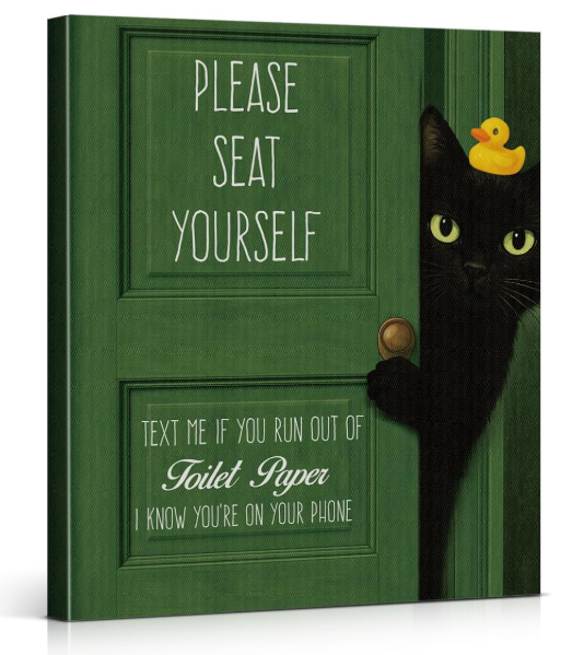 Funny Cat Bathroom Wall Art Print - Vintage Green Bathroom Wall Decor - Funny Cute Cat Artwork for Washroom Toilet 8x10 Canvas Framed - Text Me, 2-Pack
