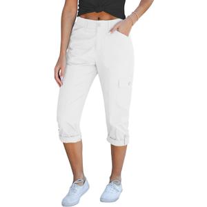 GRAPENT Cargo Capri Pants for Women High Waisted Relaxed Fit Elastic Knit Waist Casual Capris Trousers Cropped Pants (Large, Off-white)