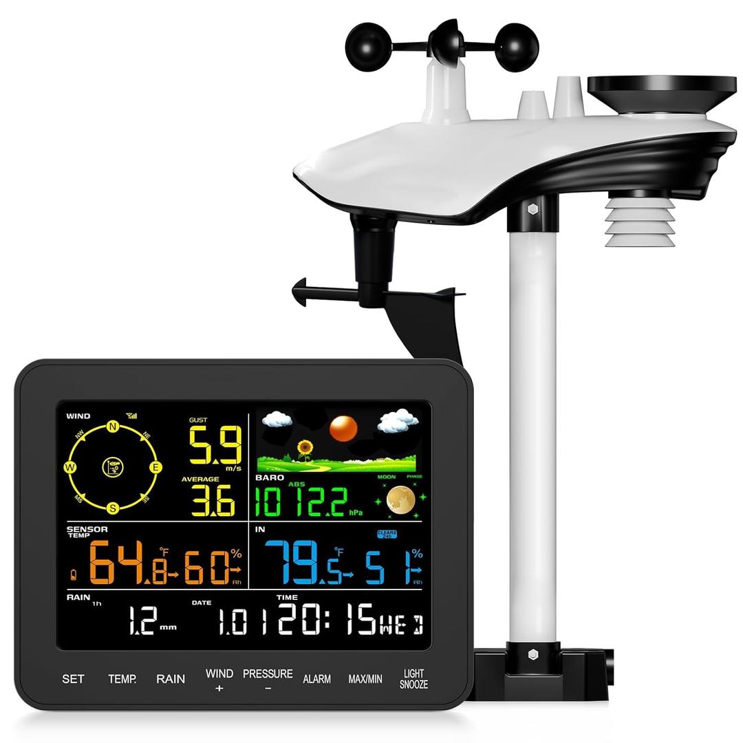 12-in-1 Wireless Weather Station Indoor Outdoor with Rain Gauge, Wind Speed, Forecast, Temp, Air Pressure, Humidity, Moon Phase, Alarm (No WiFi)