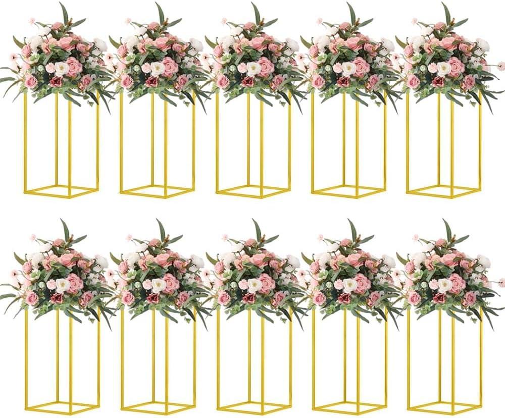 10 Pcs 15.75inch Gold Wedding Flower Vase Metal Column Flower Stand, Geometric Centerpieces Vase for Table, Home Party Wedding Decorations