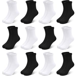 SPTRAMLE Kids Socks 12 Pairs Crew Socks for Toddler Boys Girls 7-10 Years Athletic Mid Cut Socks Multipack Black White